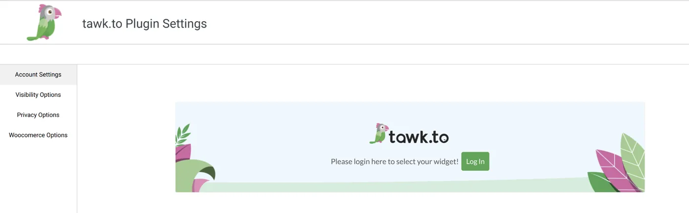tawk.to Plugin Settings page in WordPress asking you to log in to select your widget
