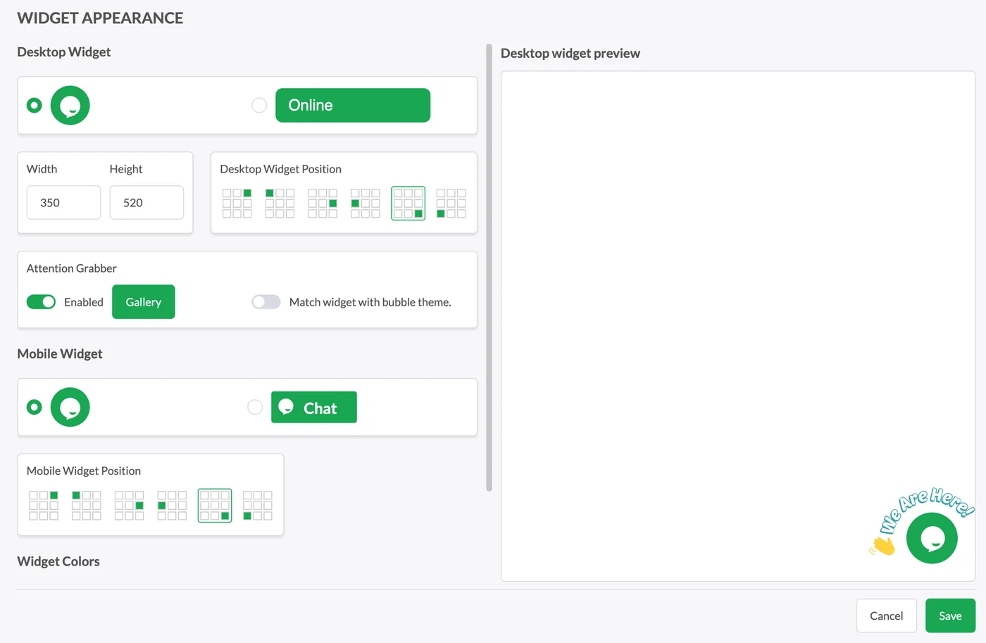 tawk.to Widget Appearance page with desktop and mobile widget shape, size and position, the Attention Grabber and a live preview