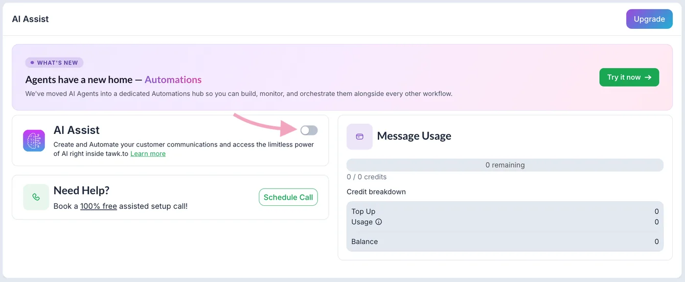 tawk.to AI Assist page with the AI Assist toggle, Message Usage credits and the Upgrade button