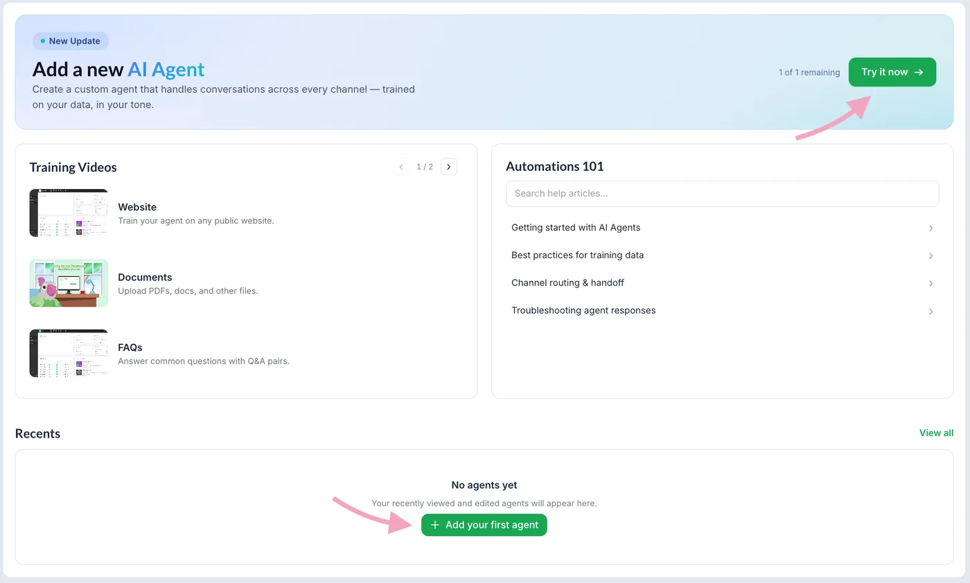 tawk.to Automations page with Try it now and Add your first agent