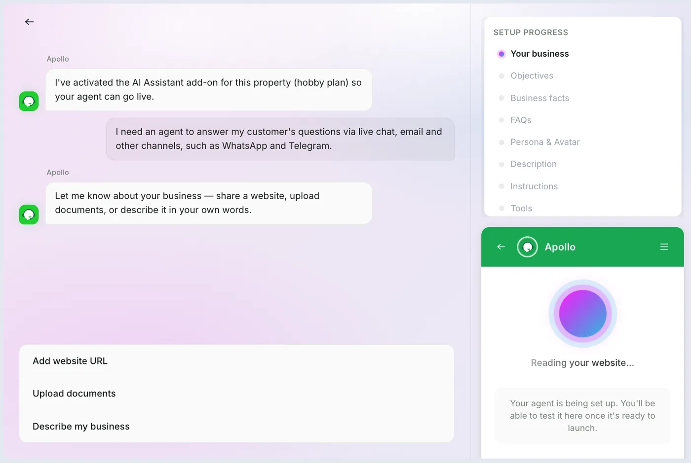 tawk.to AI agent setup wizard asking about your business: Add website URL, Upload documents or Describe my business