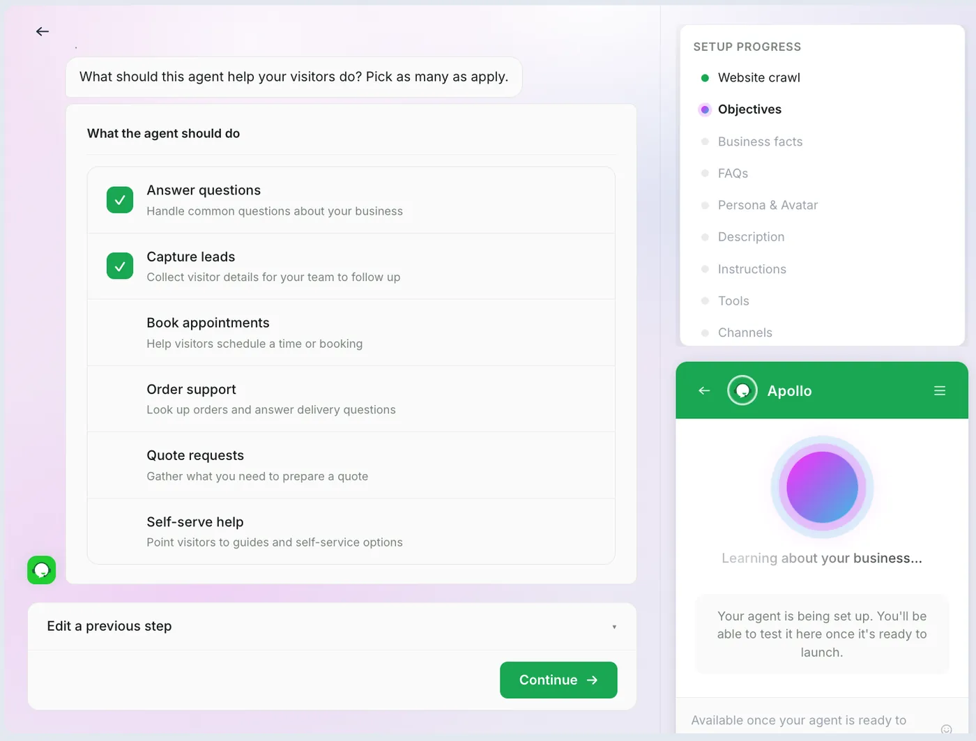 tawk.to AI agent setup wizard objectives: Answer questions, Capture leads, Book appointments and more