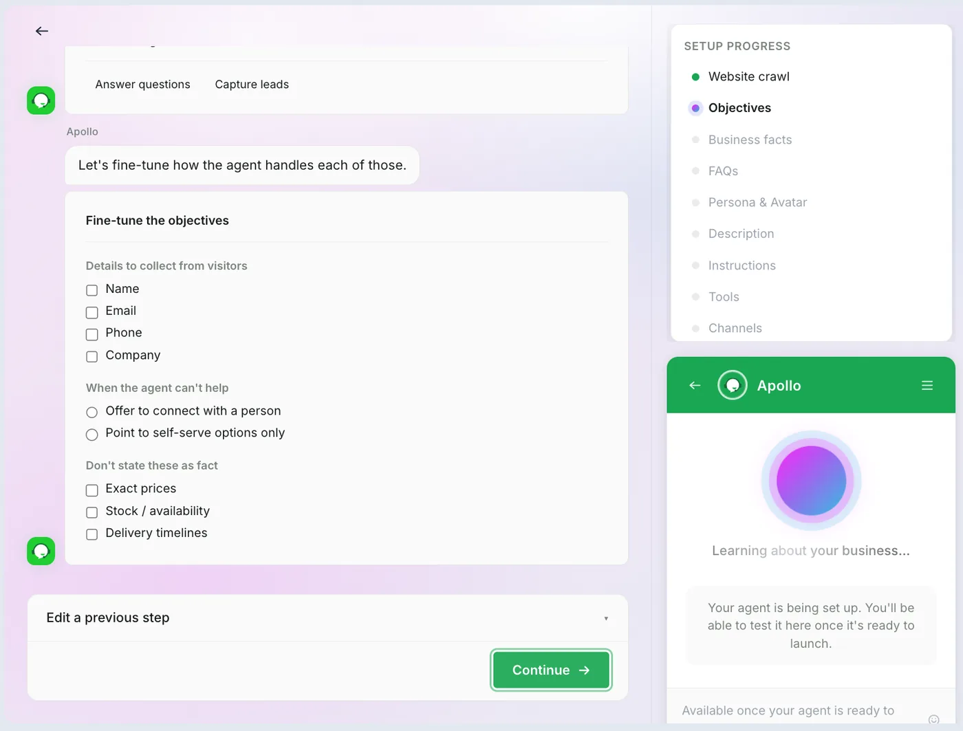tawk.to AI agent setup wizard fine-tune step: details to collect, what to do when the agent cannot help, and what not to state as fact