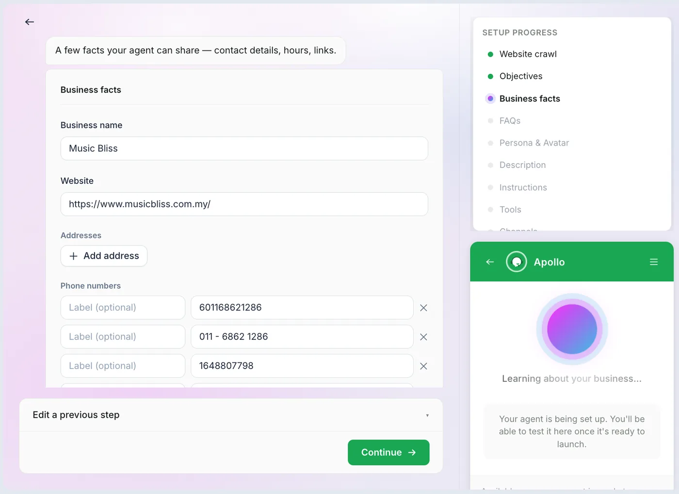 tawk.to AI agent setup wizard Business facts step with business name, website, addresses and phone numbers