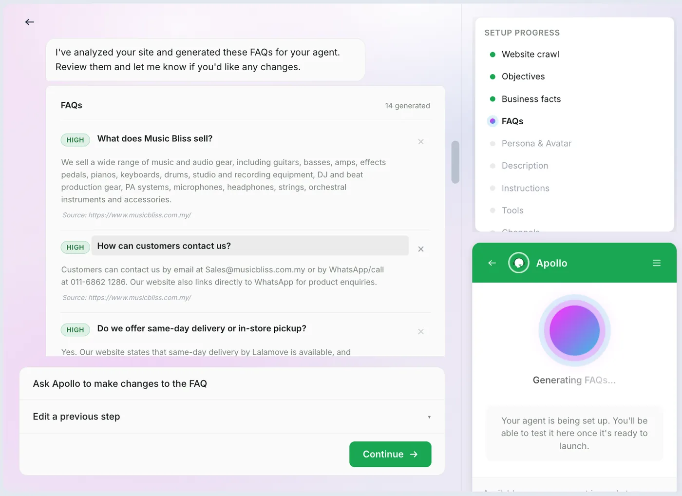 tawk.to AI agent setup wizard with FAQs generated from the website, each with its source