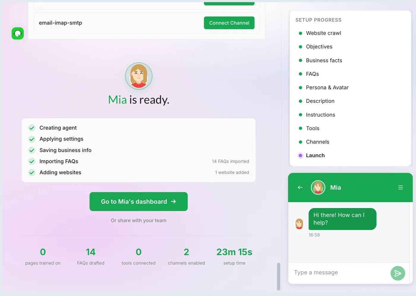 tawk.to AI agent ready screen with a test chat in the lower right