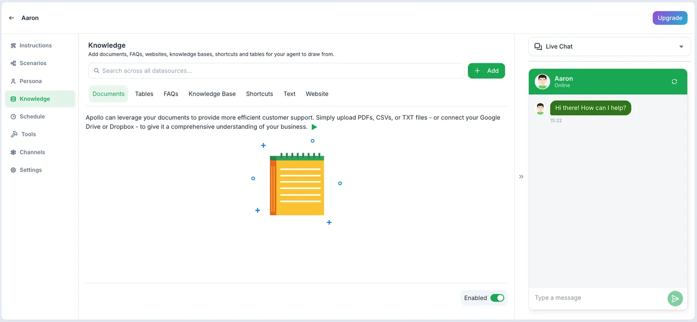tawk.to AI agent Knowledge page with Documents, Tables, FAQs, Knowledge Base, Shortcuts, Text and Website tabs