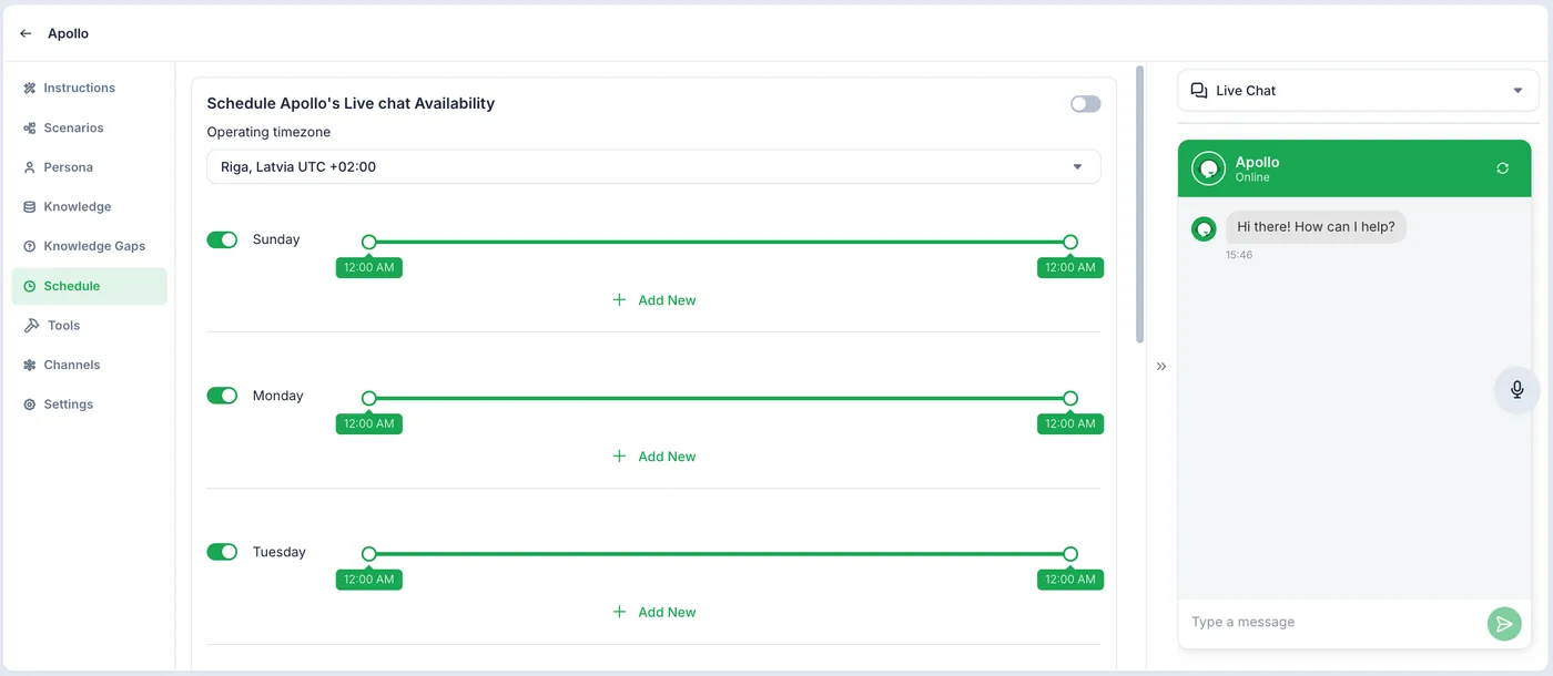 tawk.to AI agent Schedule page with a timezone and online hours for each day