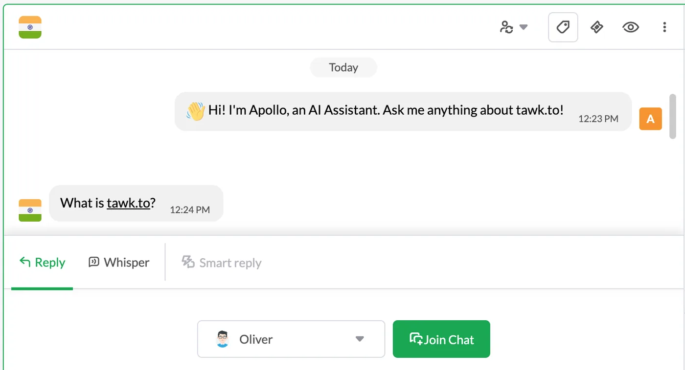 tawk.to chat where the AI assistant has replied, with the Join Chat button at the bottom