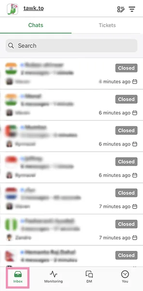 tawk.to iOS app chat list with the Inbox icon at the bottom left