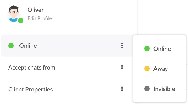tawk.to status menu with Online, Away and Invisible