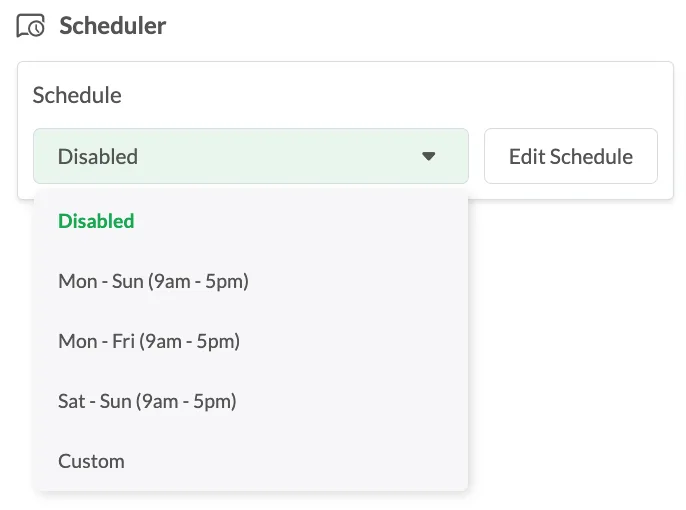 tawk.to Widget Scheduler presets: Disabled, Mon - Sun, Mon - Fri and Sat - Sun 9am to 5pm, and Custom