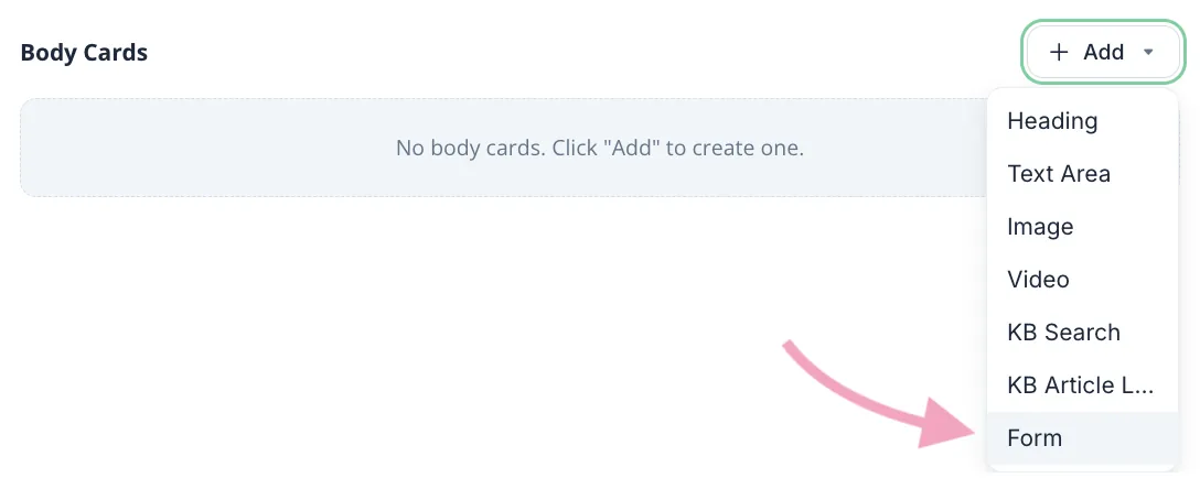 tawk.to Body Cards Add menu with Form marked