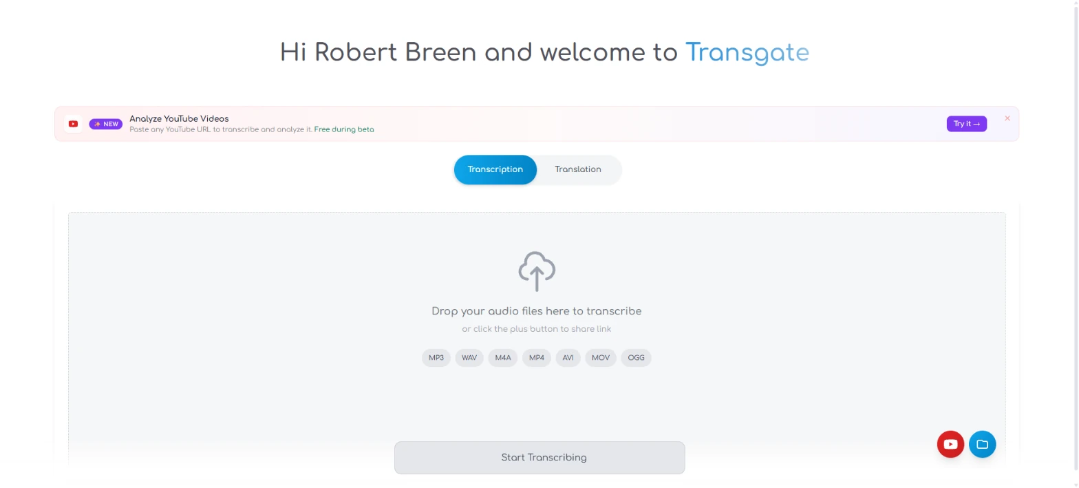 Transgate home screen with the upload area and Start Transcribing button