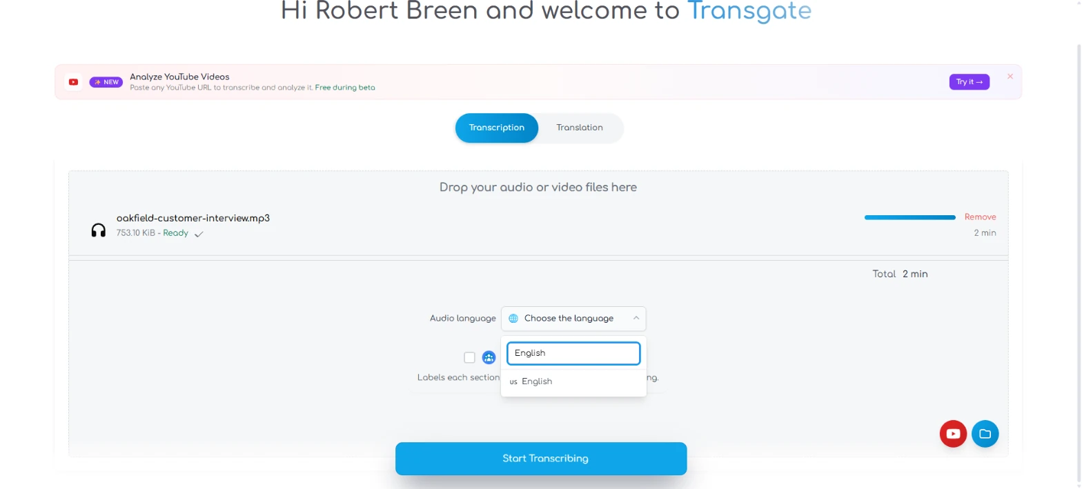 Transgate audio language list filtered to English