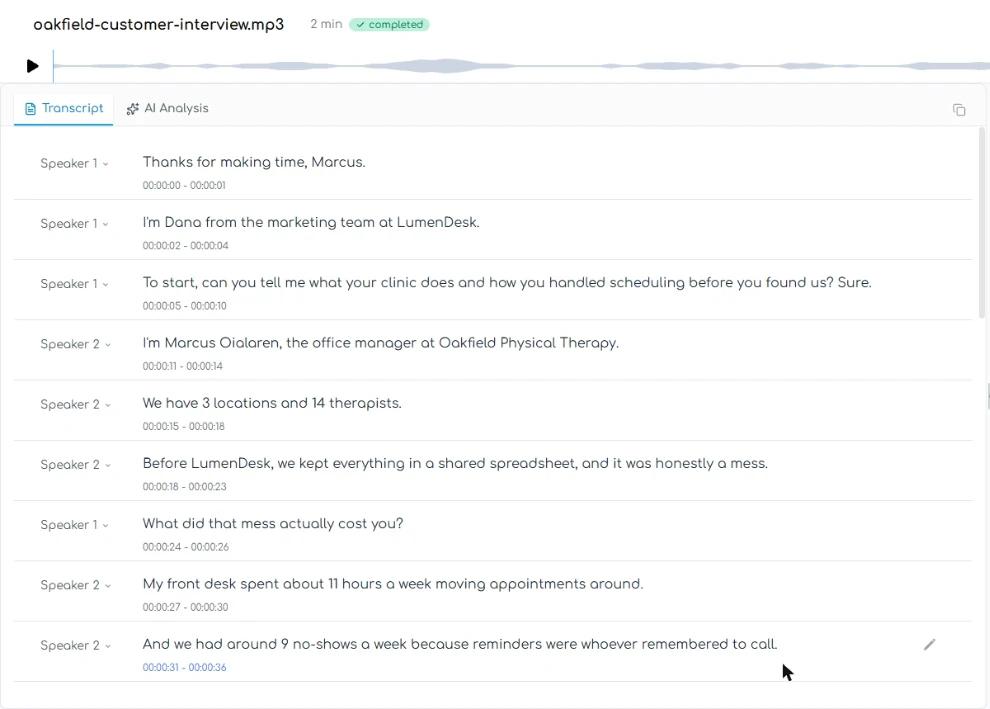 Transgate transcript of a made-up customer interview labeled Speaker 1 and Speaker 2