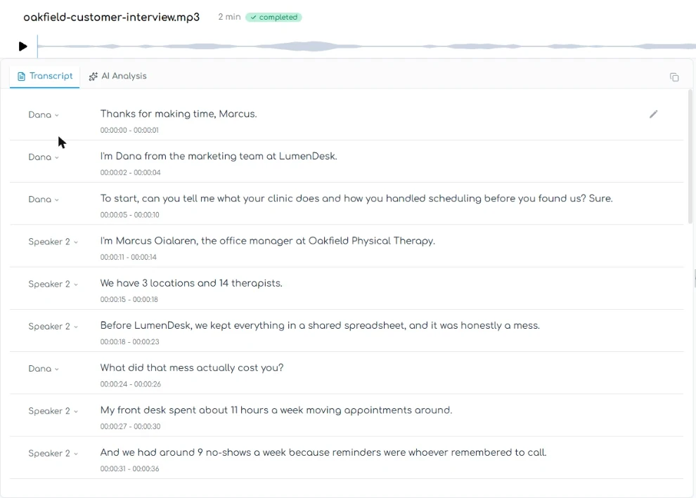 Transgate transcript with every Speaker 1 line renamed Dana