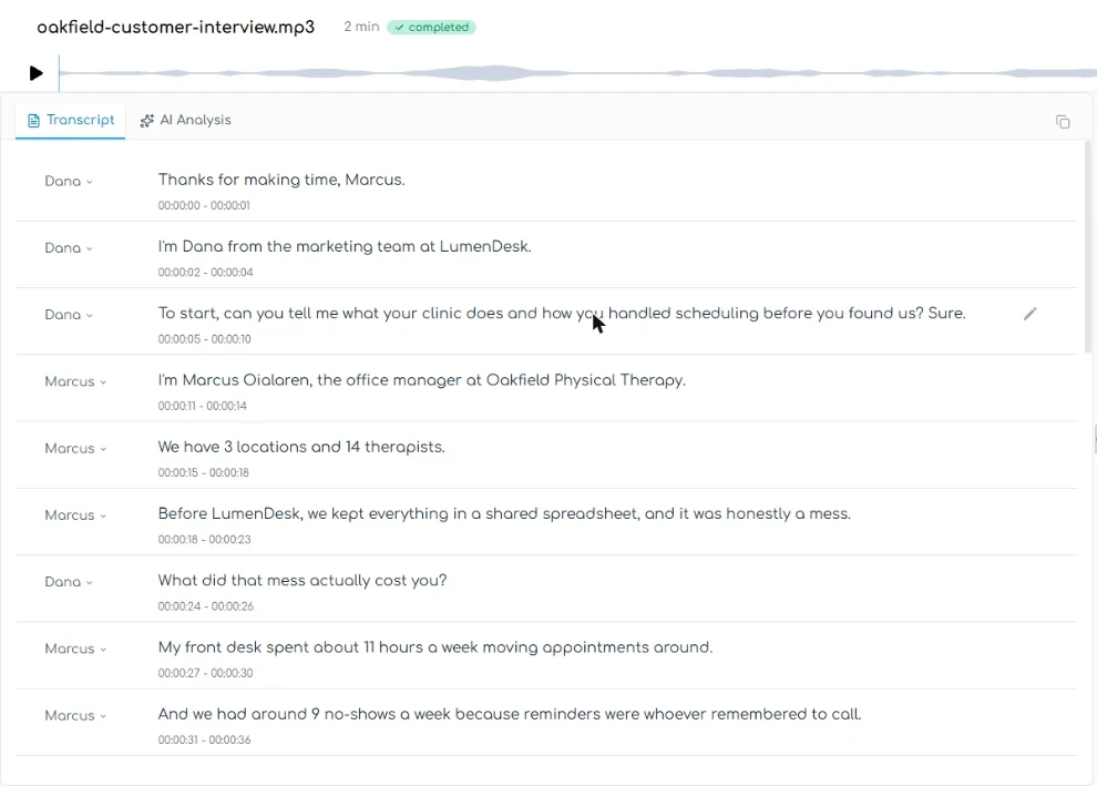 Transgate transcript with speakers named Dana and Marcus and a stray word on one line