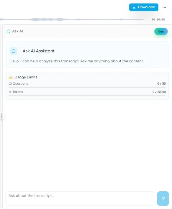 Transgate Ask AI panel showing usage limits and an empty question box