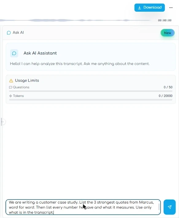 Transgate Ask AI box with a case study question typed in
