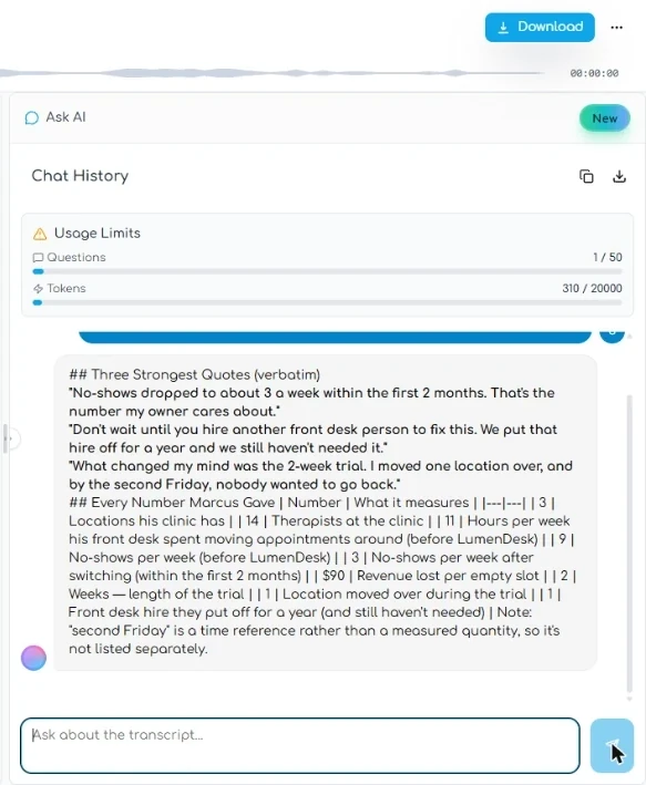 Transgate Ask AI answer with three quotes and a list of numbers