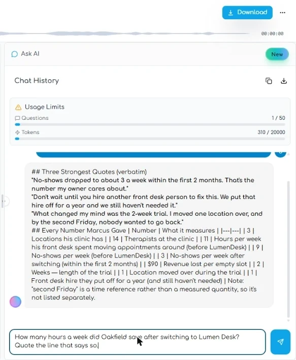 Transgate Ask AI box with a question about hours saved typed in