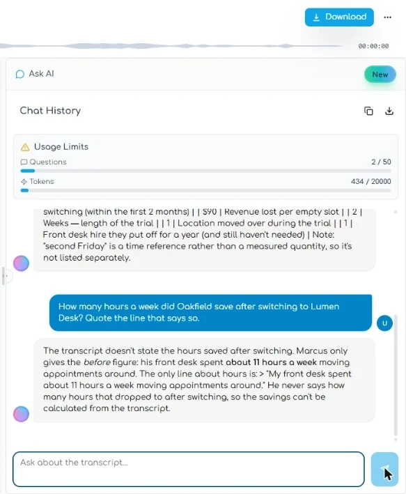 Transgate Ask AI answer saying the transcript does not state the hours saved
