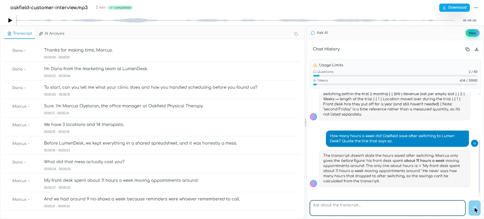 Transgate transcript beside an AI answer saying the hours saved are not stated