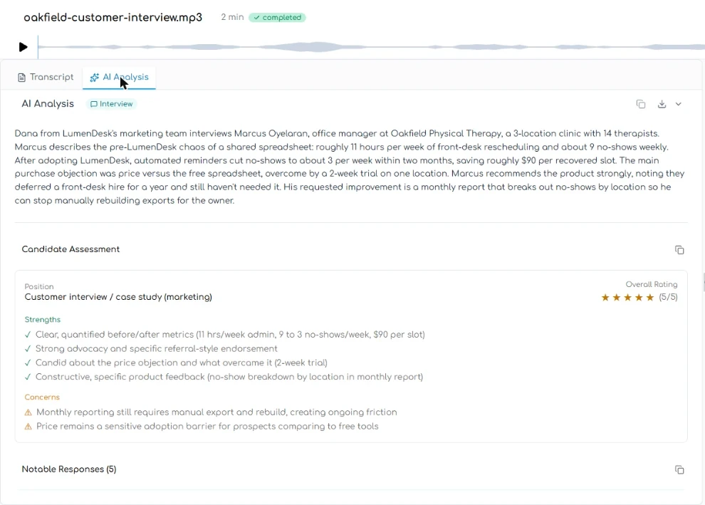 Transgate AI Analysis summary and a Candidate Assessment rating the customer 5 out of 5
