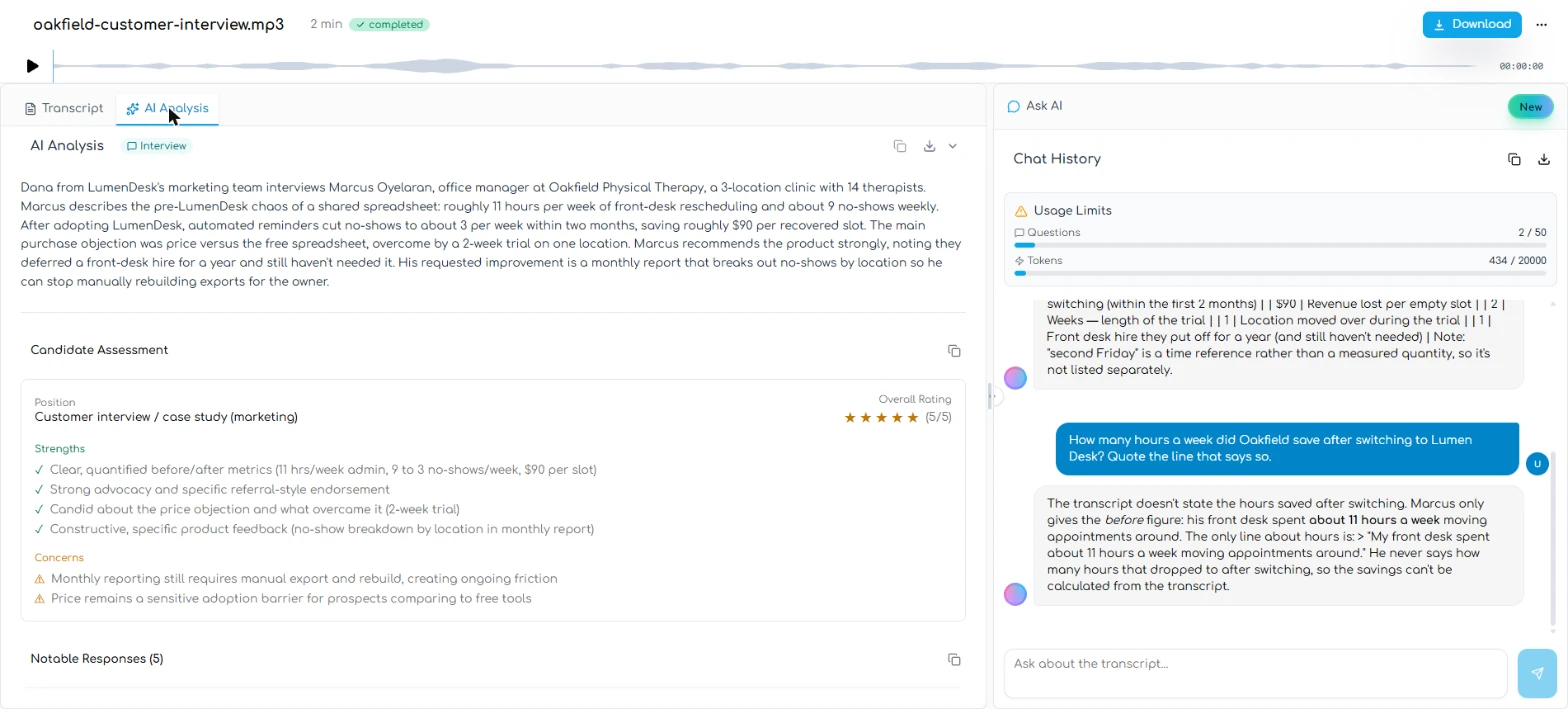 Transgate AI Analysis with a Candidate Assessment rating the customer 5 out of 5, beside the Ask AI panel