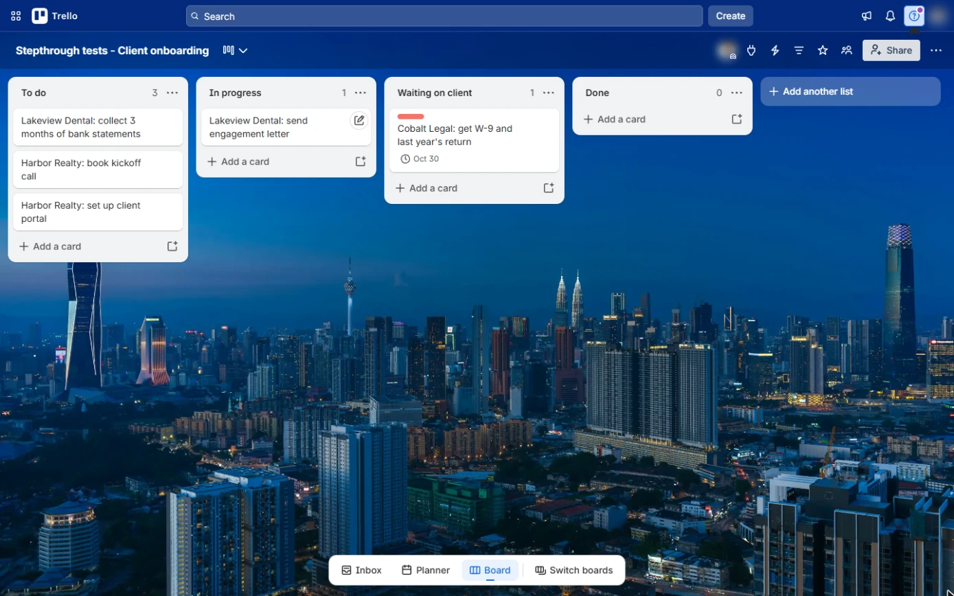 Trello Client onboarding board with the Automation lightning bolt in the header