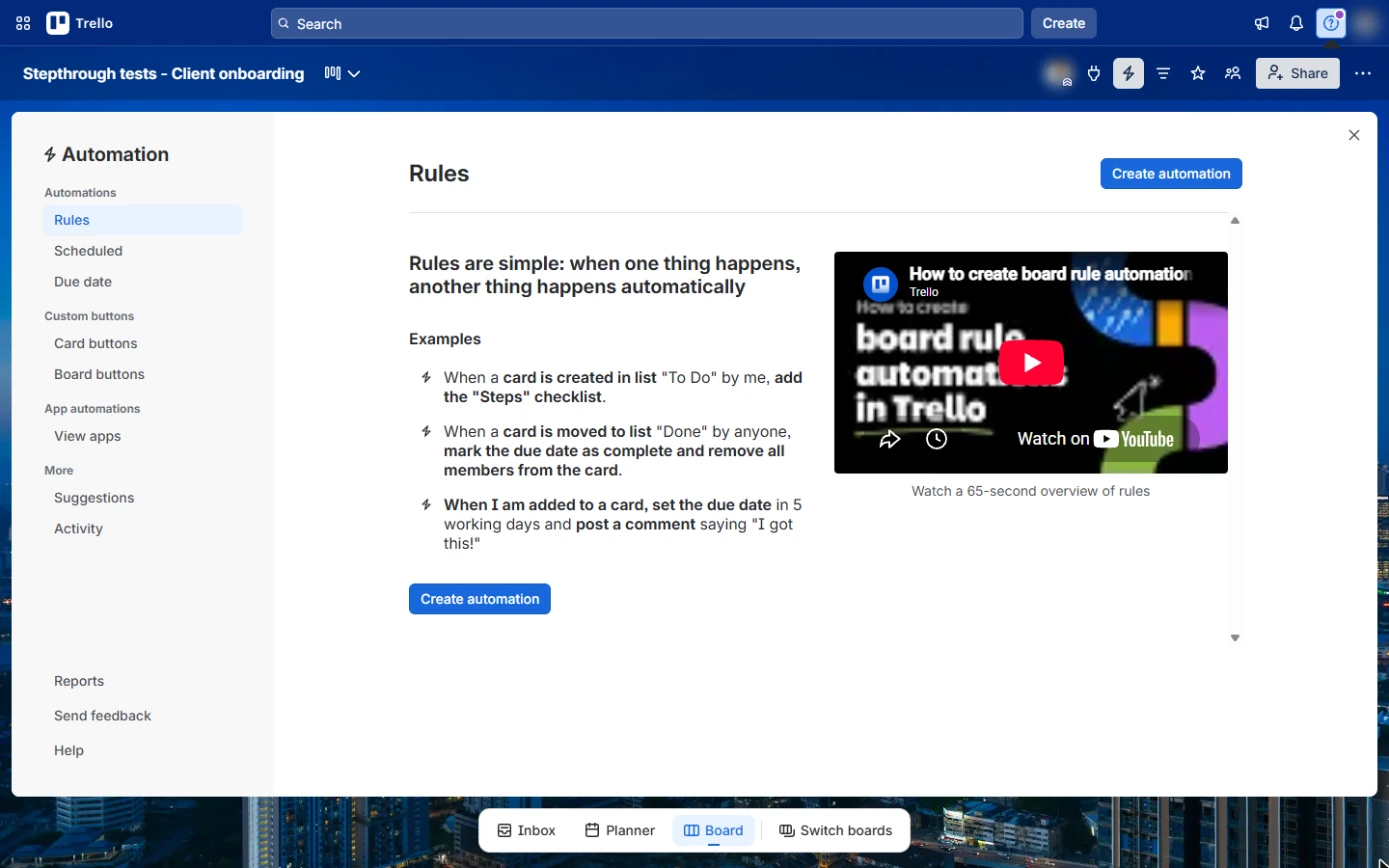 Trello Automation panel, Rules page with examples and Create automation