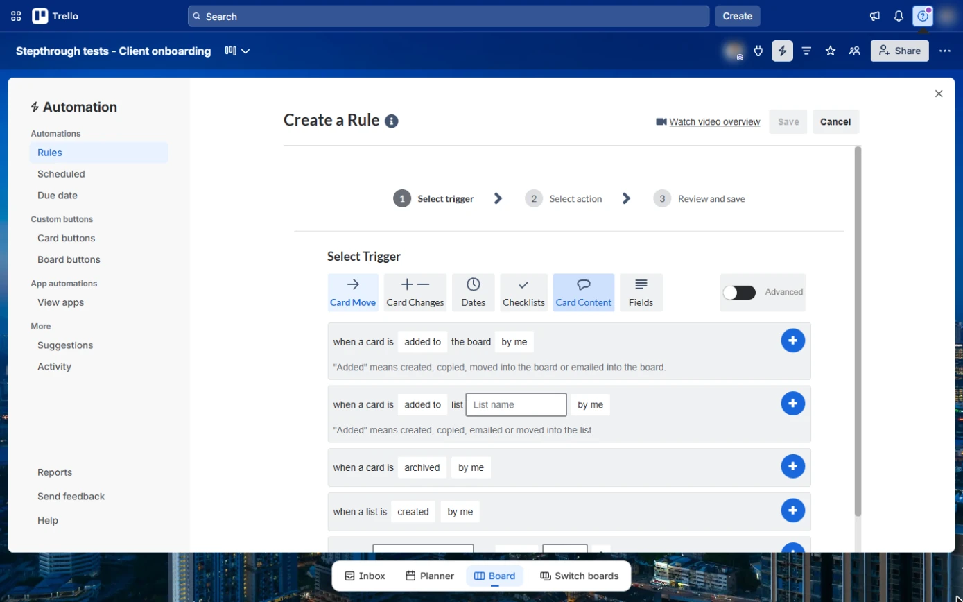 Trello trigger list on the Card Move tab: when a card is added to list