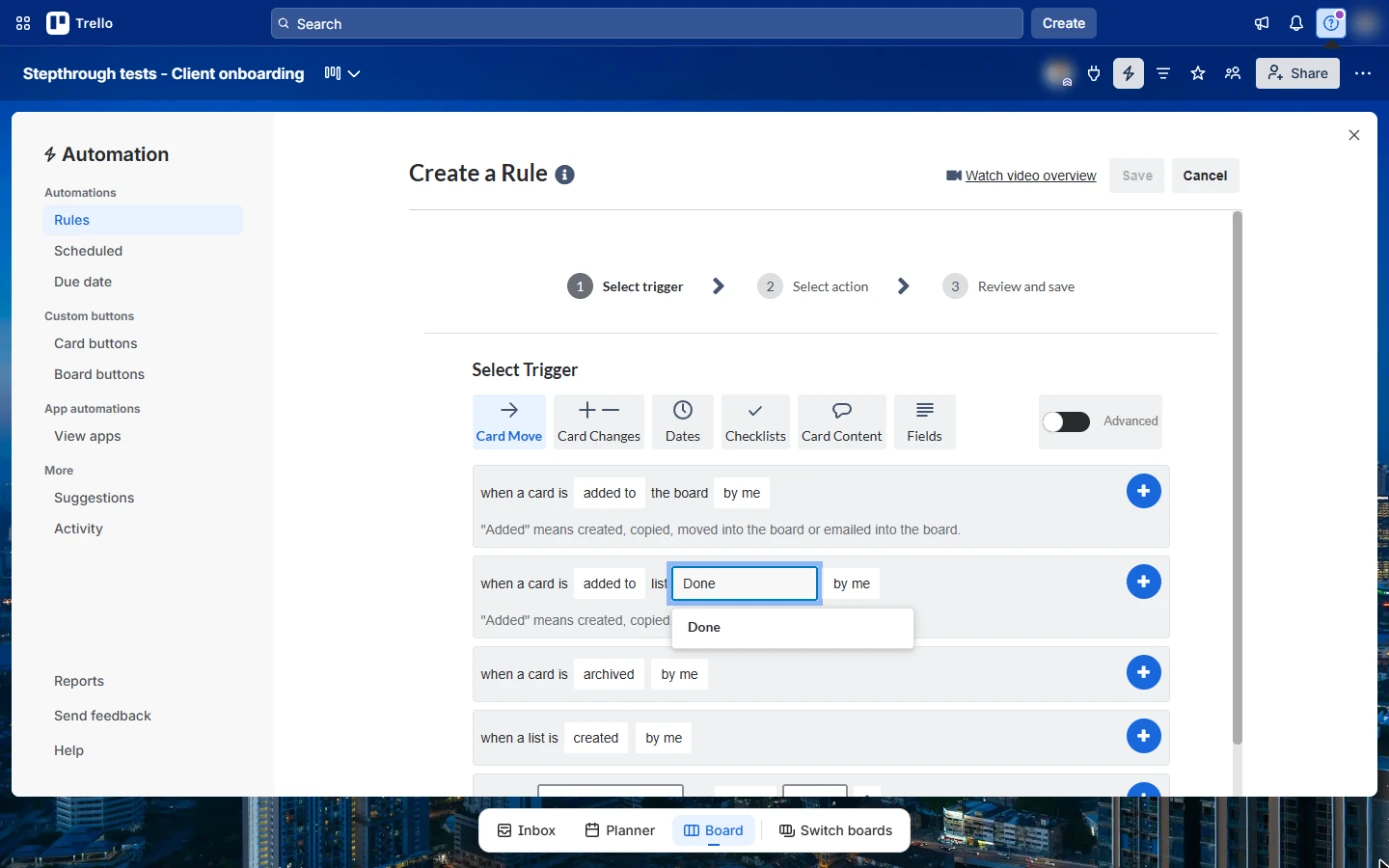 Trello trigger with Done typed in List name and the Done suggestion