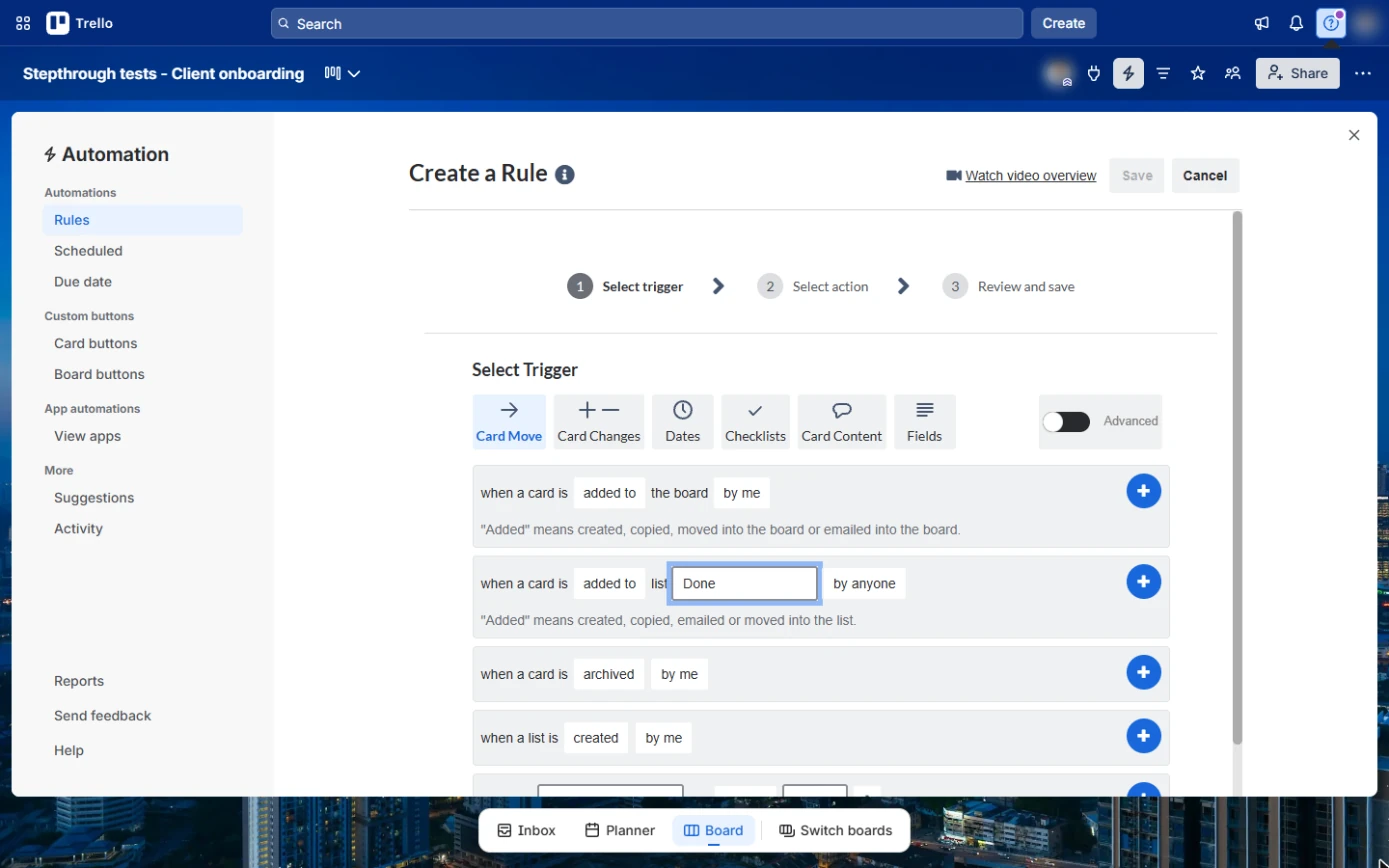 Trello trigger when a card is added to list Done by anyone, with the plus button