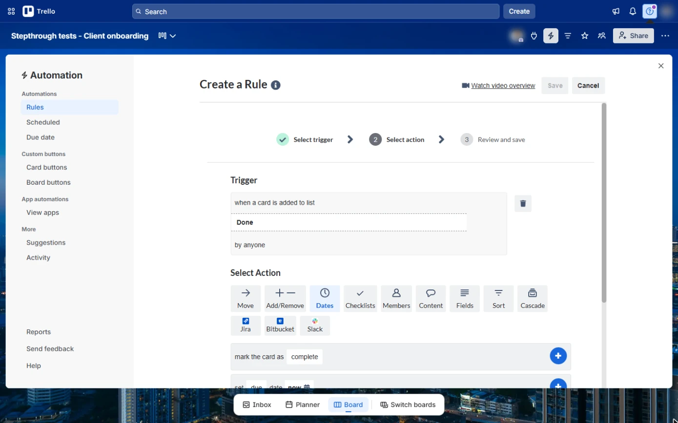 Trello Dates actions with mark the card as complete