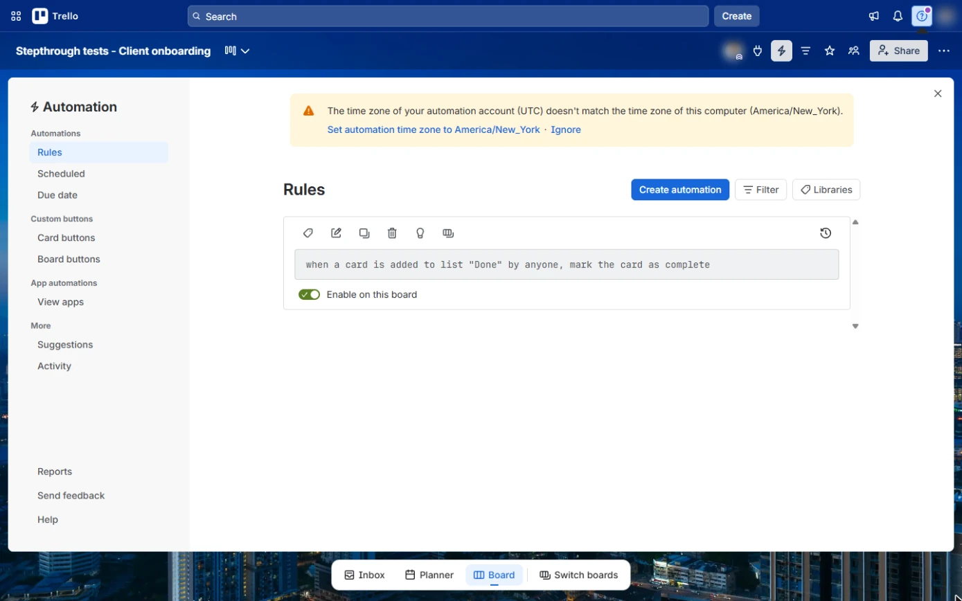 Trello Rules list with the saved rule enabled on this board