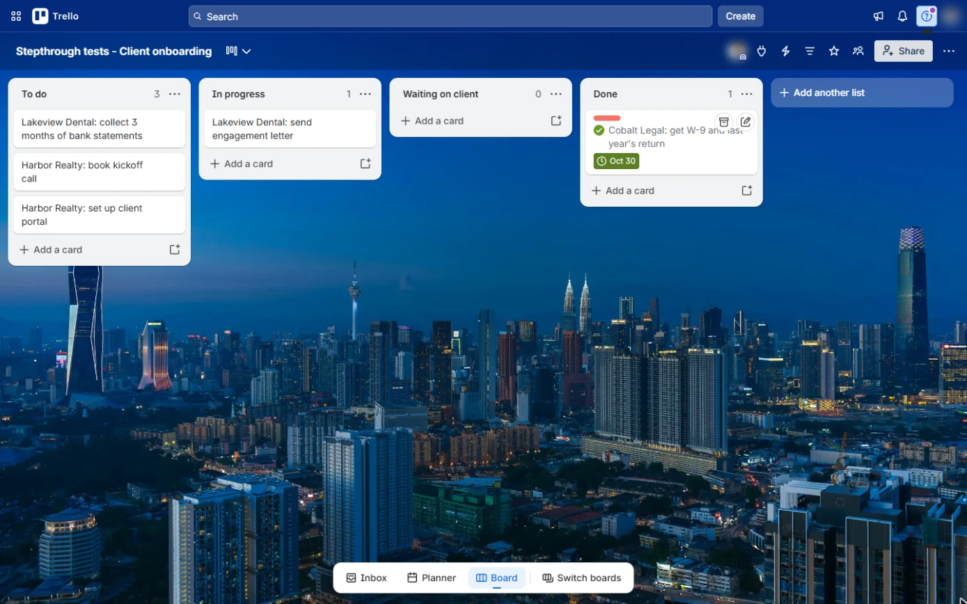 Trello board with the Cobalt Legal card in Done, ticked complete and its due date green