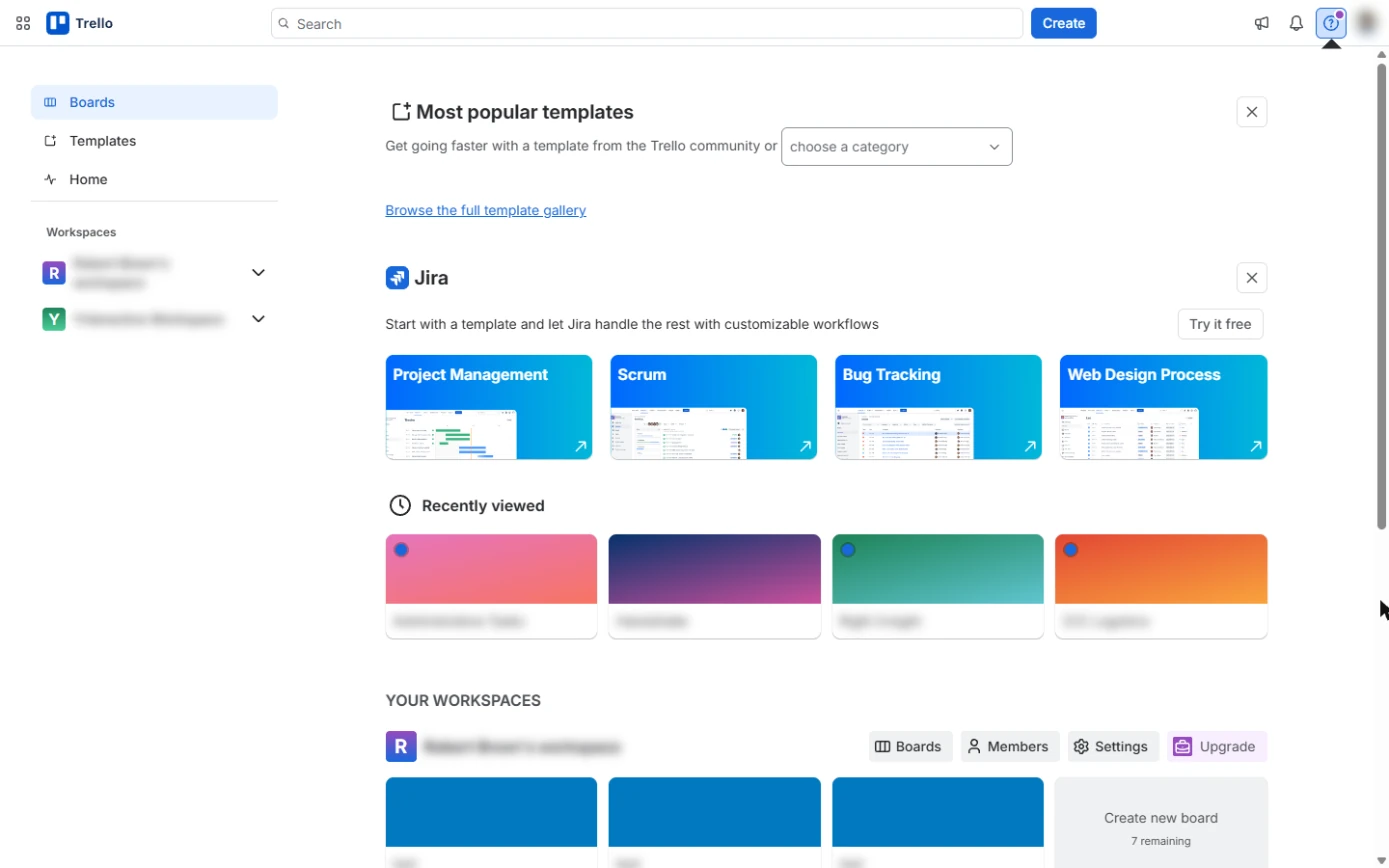 Trello Boards page with the Create button in the top bar