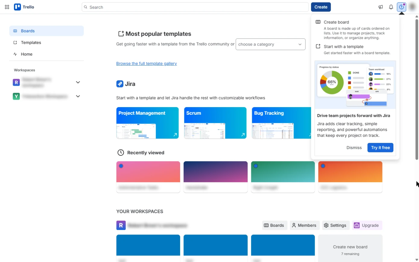Trello Create menu with Create board and Start with a template