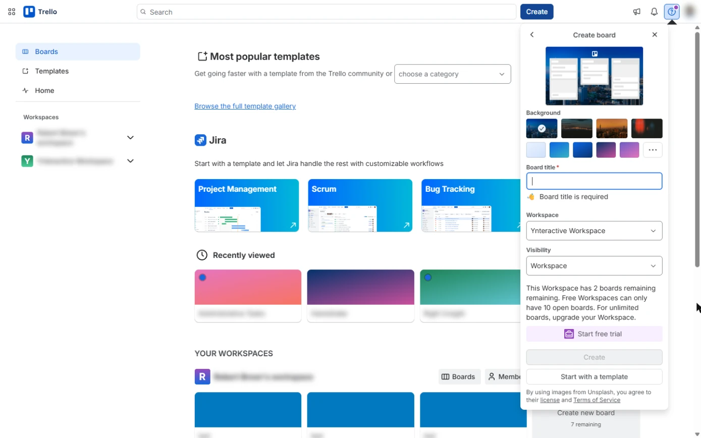 Trello Create board form with Board title, Workspace and Visibility