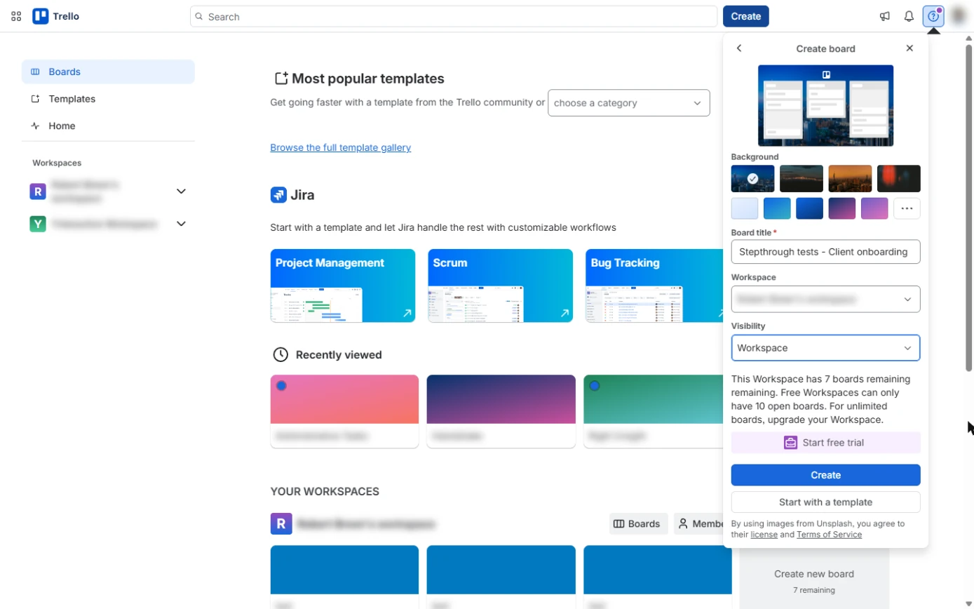 Trello Create board form ready, Workspace visibility selected and the Create button