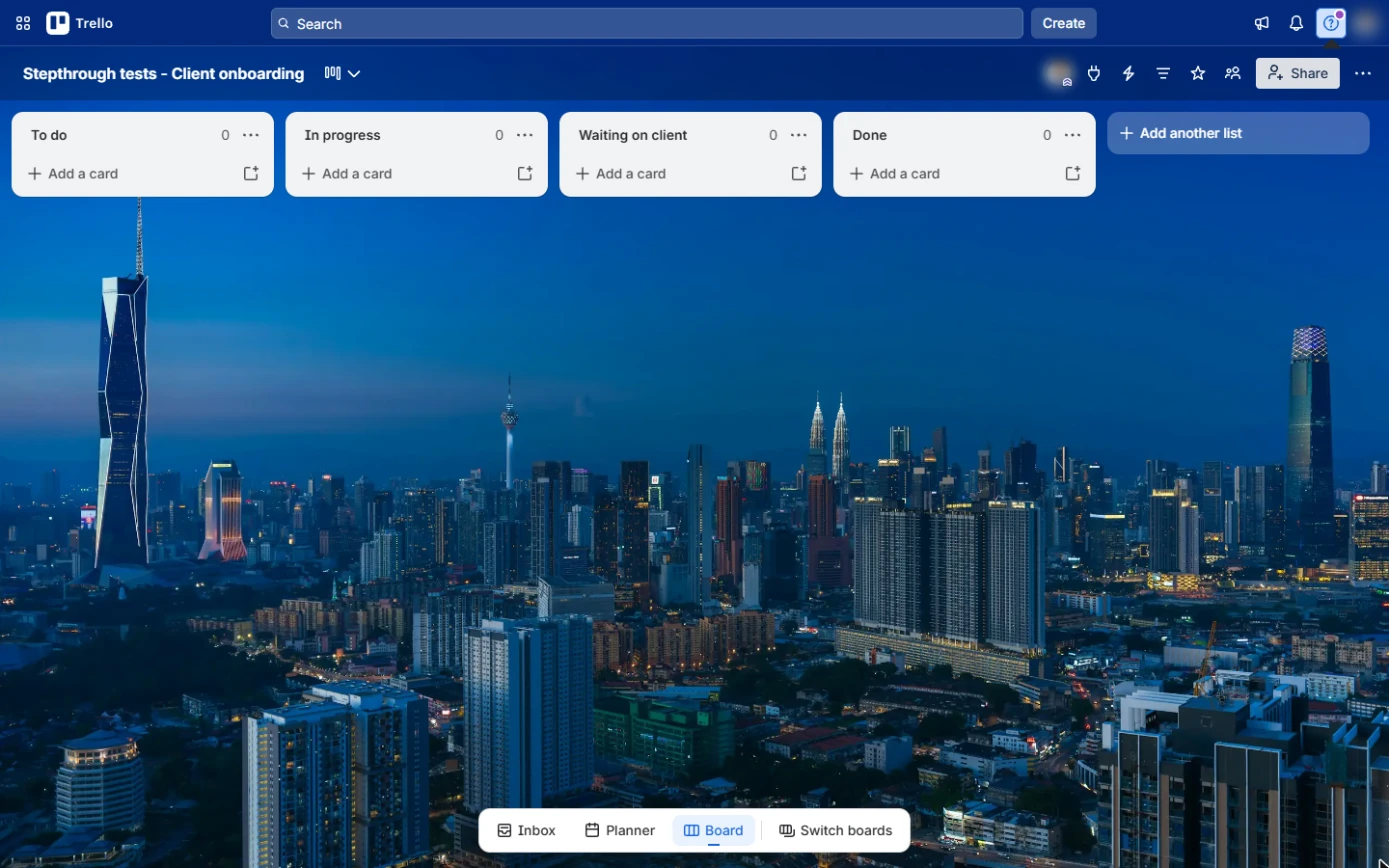 Trello board with To do, In progress, Waiting on client and Done lists