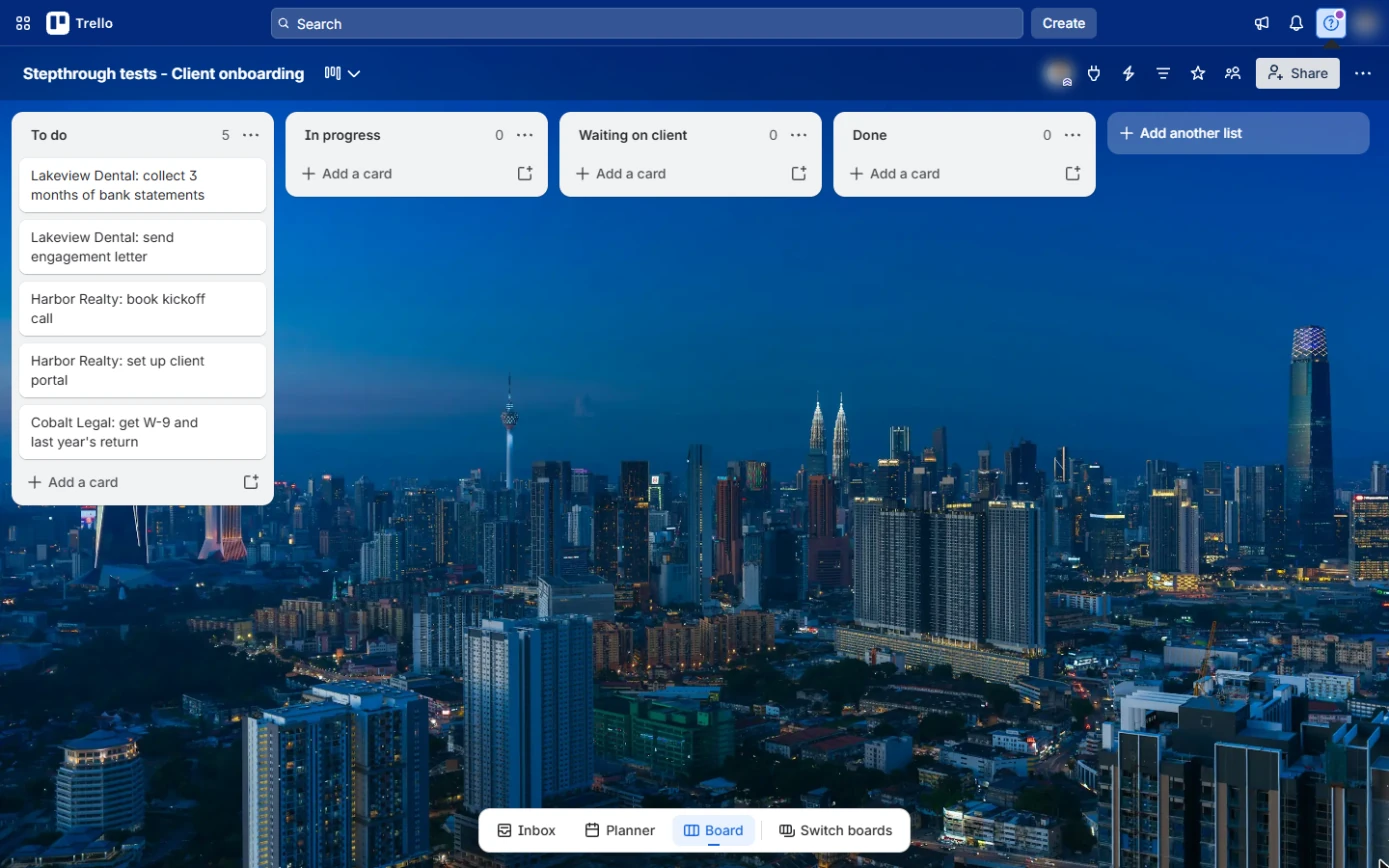 Trello To do list with five client onboarding cards