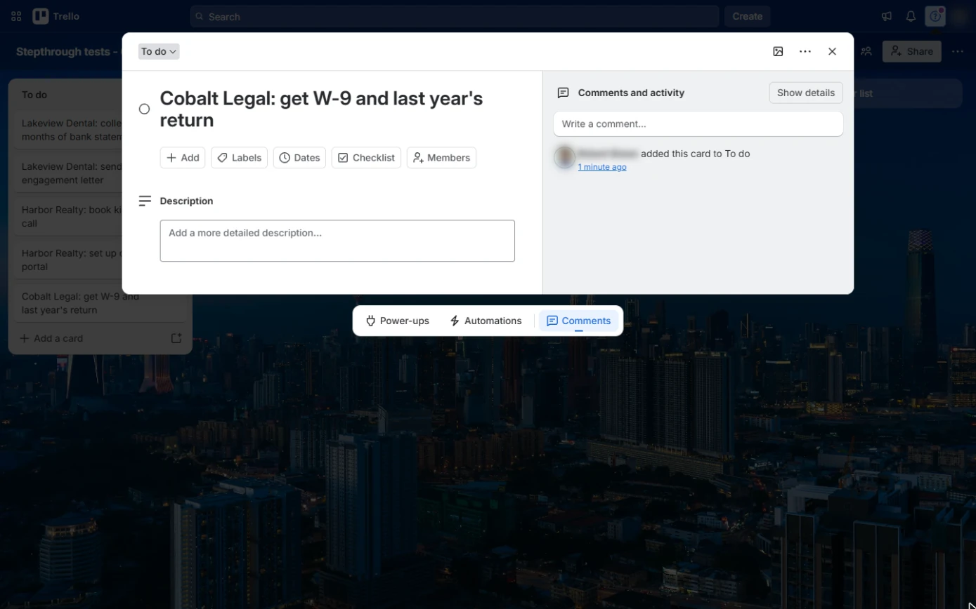 Trello card Cobalt Legal: get W-9 and last year's return open, with Labels and Dates buttons