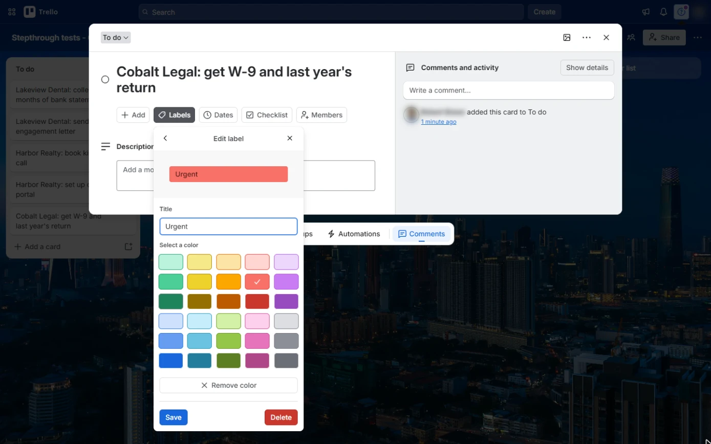 Trello Edit label box with Urgent typed in Title and the Save button