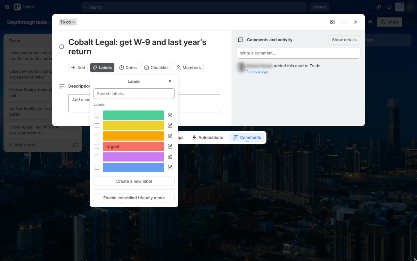 Trello Labels box with the red label now named Urgent