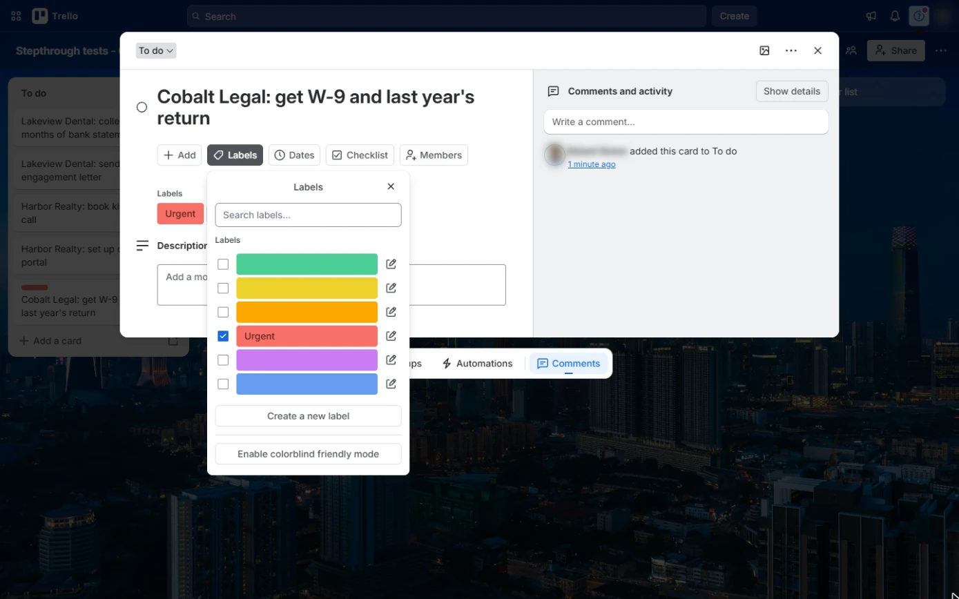 Trello card with the red Urgent label ticked and shown on the card
