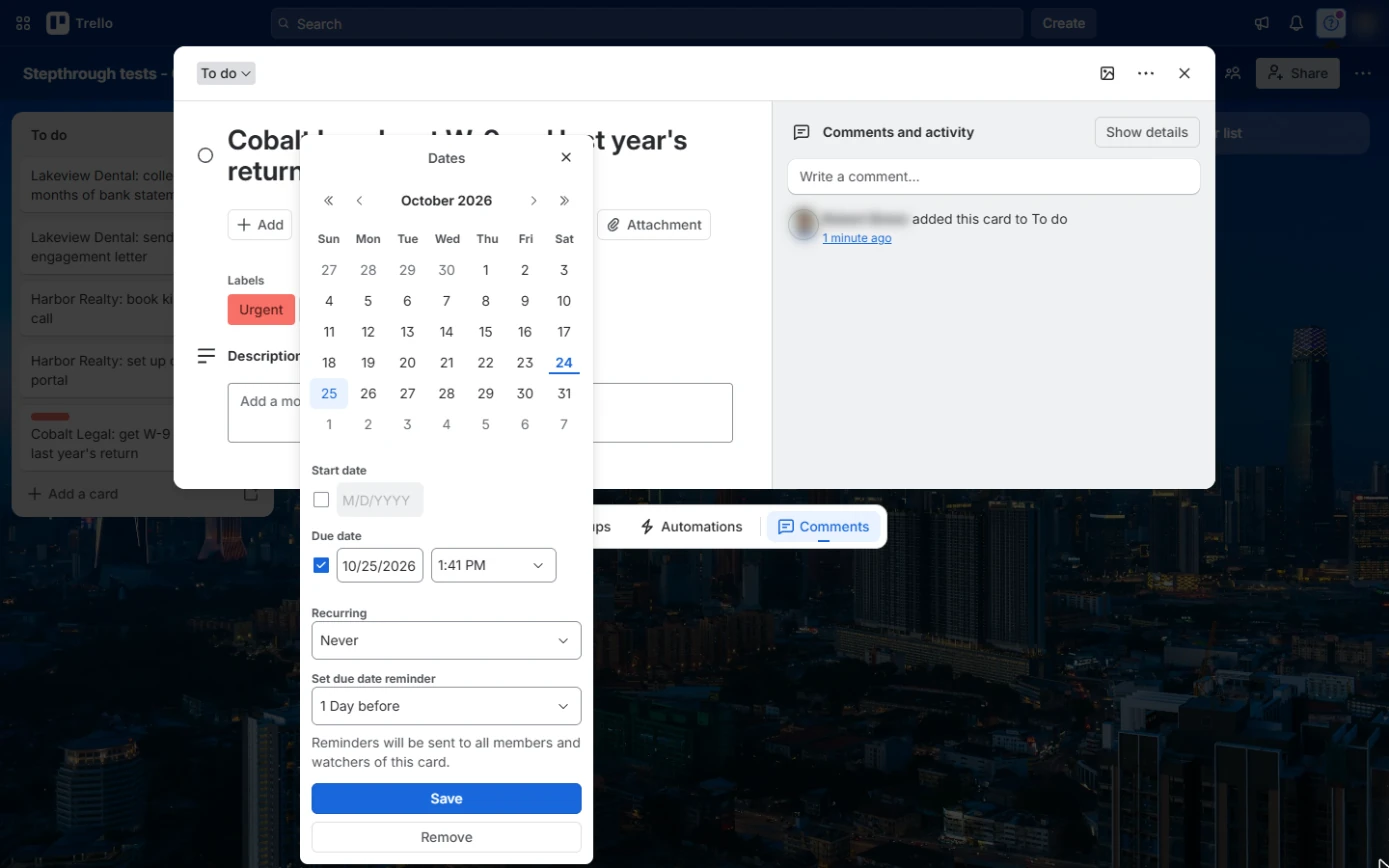 Trello Dates box with an October 2026 calendar and Due date ticked