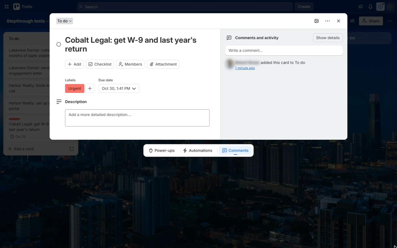 Trello card showing its Urgent label and Oct 30 due date